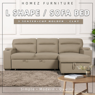 (Free Installation) 7.4FT/6.7FT 3 Seater TPU / Leathaire Sofa L Shape Sofa Multifunctional Sofa Bed Cup Holder Storage Box-Dark/Light Grey/Grey/Clay