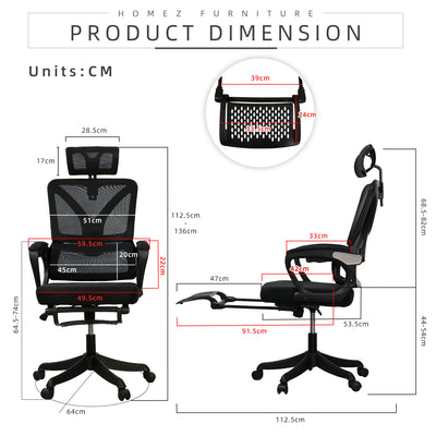 HomeZ Office Chair Ergonomic Chair Executive Mesh High back / Medium Back Chair/with legrest - Black