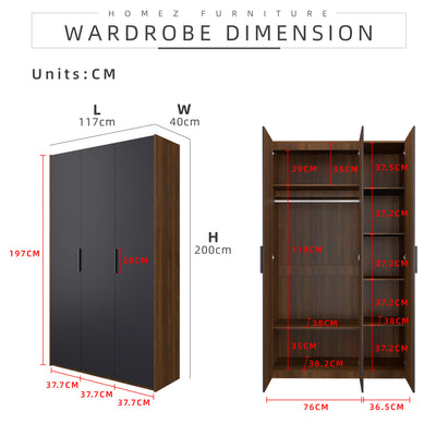 200cm 3 Door Wardrobe with Black Plastic Handle - HMZ-FN-WD-6018