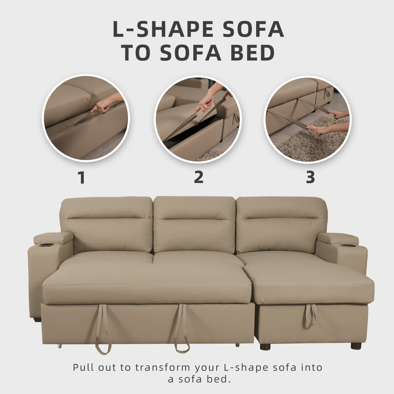 (Free Installation) 7.4FT/6.7FT 3 Seater TPU / Leathaire Sofa L Shape Sofa Multifunctional Sofa Bed Cup Holder Storage Box-Dark/Light Grey/Grey/Clay