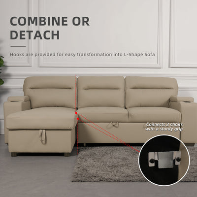 (Free Installation) 7.4FT/6.7FT 3 Seater TPU / Leathaire Sofa L Shape Sofa Multifunctional Sofa Bed Cup Holder Storage Box-Dark/Light Grey/Grey/Clay