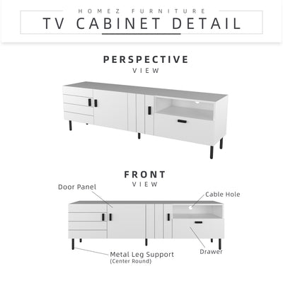 (Self-assembly) 6FT Jasmine Series TV Cabinet with Metal Leg Support - HMZ-FN-TC-J1840-WT
