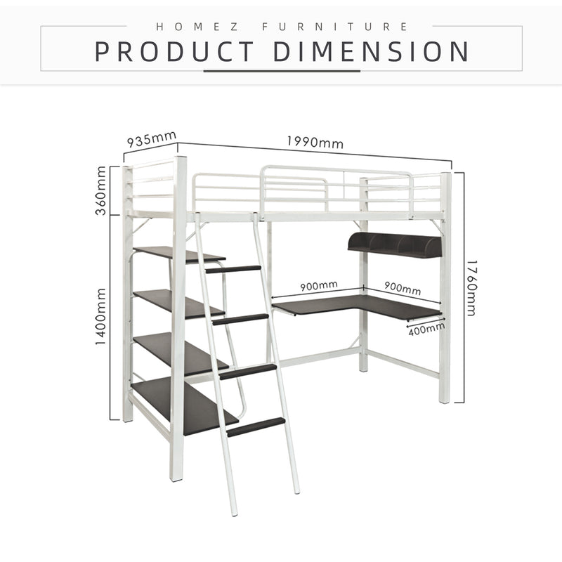 Loft Bed Frame Study Table & Book Shelves - Single - 3VAH904/BB8100