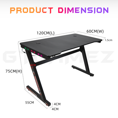GTGAMEZ Z Series LED Lighting Carbon Fiber Surface E-sports RGB Gaming Table/Gaming Desk-HMZ-GT-JF-12060/14060-ZL-BK-LED