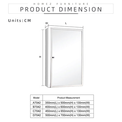 Bathroom Mirror Cabinet D7042R 100% Stainless Steel - L500 x W130 x H700mm