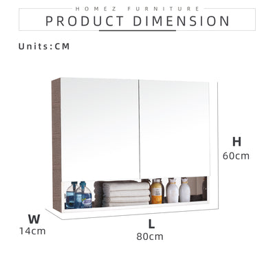 Bathroom Mirror Cabinet 7093 100% Stainless Steel with Open Shelf Space - L800 X W140 X H600mm