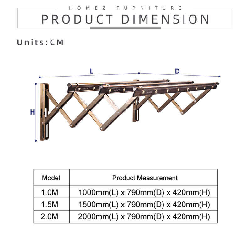 (Self Assembly) 3 Bar 1M Aluminium Anti-Rust Retractable Drying Rack Cloth Hanger - HMZ-DR-AYW22-1M