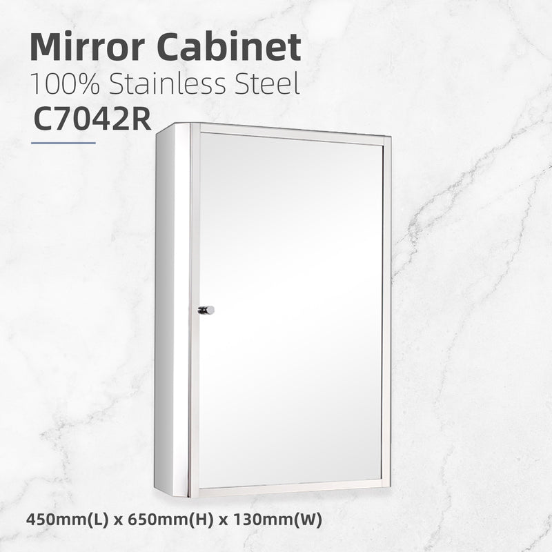 Bathroom Mirror Cabinet D7042R 100% Stainless Steel - L500 x W130 x H700mm