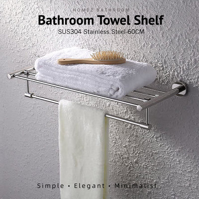 Wall Mounted SUS304 Stainless Steel Tower Shelf/Towel Rack with Rotatable Hanging Towel Bar - HMZ-BRTR-LY304T-60