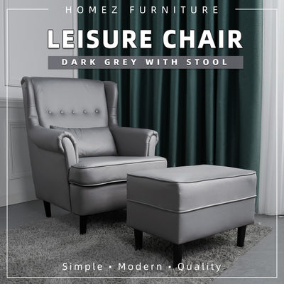 (Self-assembly) 1 Seater Leathaire Leisure Chair with Stool / Light Grey /Dark Grey - HMZ-FN-SF-588