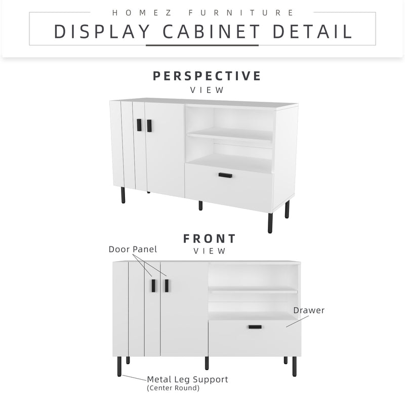 (Self-assembly) 4FT Jasmine Series Display Cabinet Modernist Design with Metal Leg - HMZ-FN-DC-J1200-WT