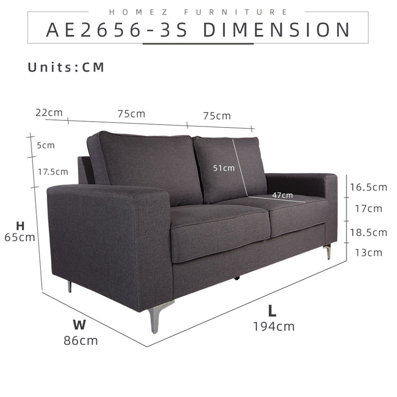 6FT Modern / Simple / Linen Fabric 3 Seater Sofa / Grey / Blue / Clay - HMZ-FN-SF-AE2656-3S
